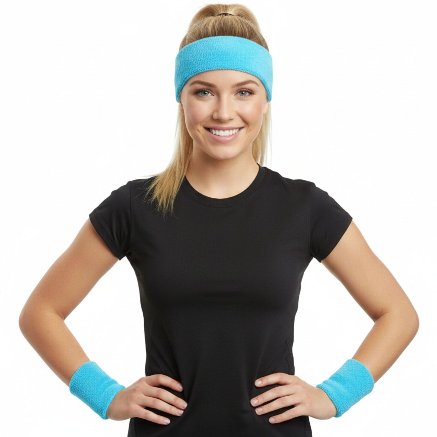 WRISTBAND & HEADBAND SET Tennis Terry Towelling Cotton Sweat Band Team Gym - Sky Blue