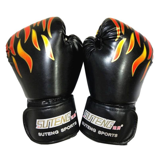 Adult Flame Pattern Pu Leather Boxing Gloves - Fitness - Black