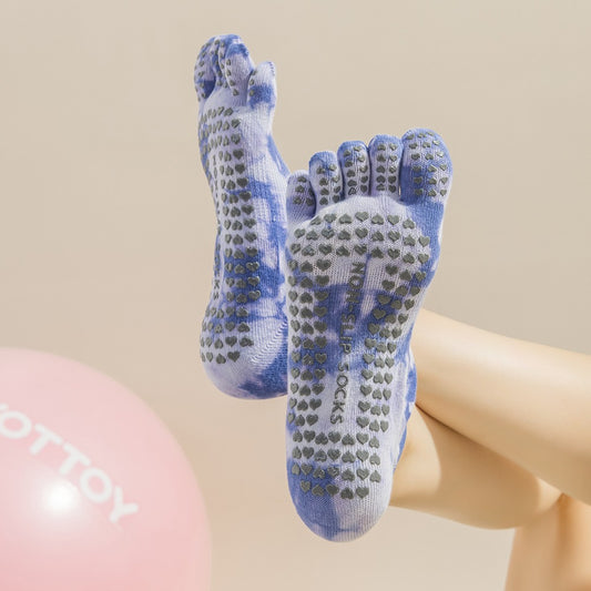 2 Pairs Blue Tie-Dye Non-Slip Yoga Socks for Women - Five-Toe Cotton Blend Socks for Pilates and Indoor Sports
